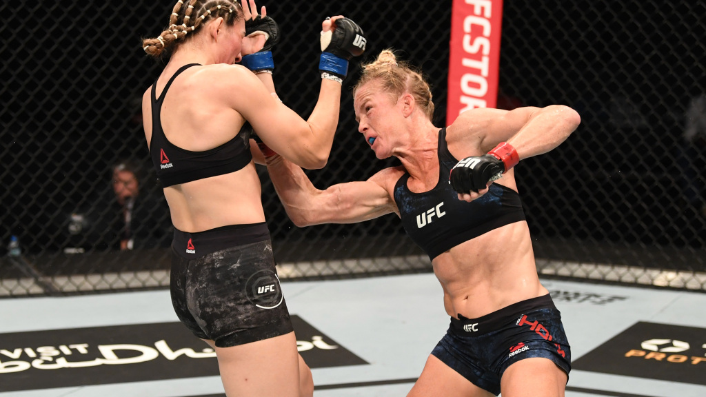 ABU DHABI, UNITED ARAB EMIRATES - OCTOBER 04: (R-L) Holly Holm punches Irene Aldana of Mexico in their women's bantamweight bout during the UFC Fight Night event inside Flash Forum on UFC Fight Island on October 04, 2020 in Abu Dhabi, United Arab Emirates. (Photo by Josh Hedges/Zuffa LLC)